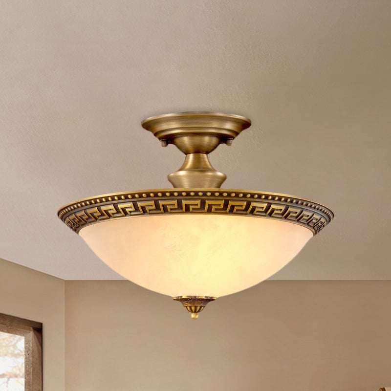 Bowl Living Room Semi Flush Traditionalist 3 Heads Brass Flush Mount Light Fixture Clearhalo 'Ceiling Lights' 'Close To Ceiling Lights' 'Close to ceiling' 'Glass shade' 'Glass' 'Pendant Lights' 'Semi-flushmount' Lighting' 816530