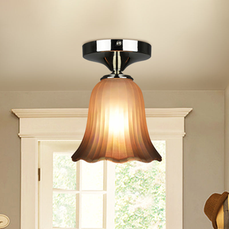 Tan Glass Flower Flushmount Traditional Style 1 Bulb Foyer Flush Mount Lighting Fixture Clearhalo 'Ceiling Lights' 'Close To Ceiling Lights' 'Close to ceiling' 'Flush mount' Lighting' 816546