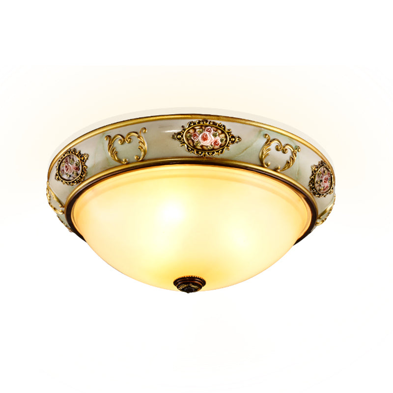 Opal Glass Brass Flush Mount Light Dome 2/3 Heads Rural Ceiling Light Fixture for Bedroom Clearhalo 'Ceiling Lights' 'Close To Ceiling Lights' 'Close to ceiling' 'Flush mount' Lighting' 816557