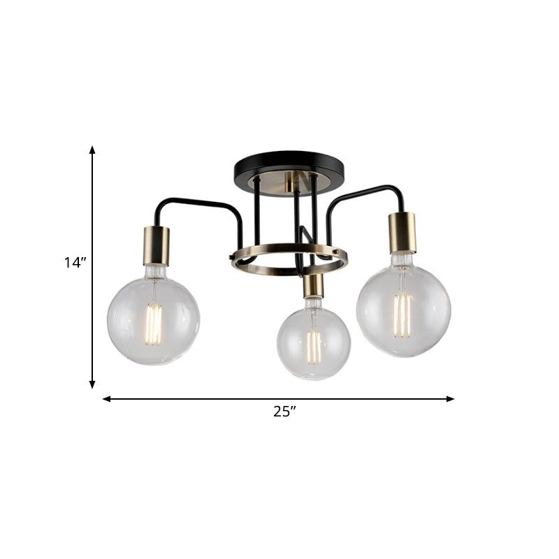 Clear Glass Black and Gold Semi Flush Lighting Vintage 3/5-Bulb Living Room Flush Ceiling Lamp Clearhalo 'Ceiling Lights' 'Close To Ceiling Lights' 'Close to ceiling' 'Glass shade' 'Glass' 'Semi-flushmount' Lighting' 816681