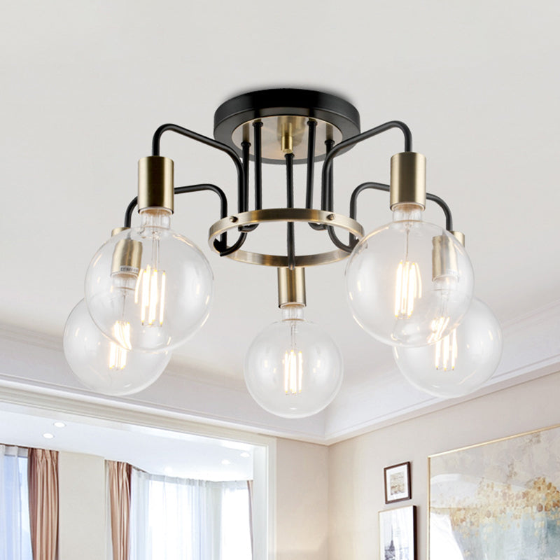 Clear Glass Black and Gold Semi Flush Lighting Vintage 3/5-Bulb Living Room Flush Ceiling Lamp 5 Black-Gold Clearhalo 'Ceiling Lights' 'Close To Ceiling Lights' 'Close to ceiling' 'Glass shade' 'Glass' 'Semi-flushmount' Lighting' 816682