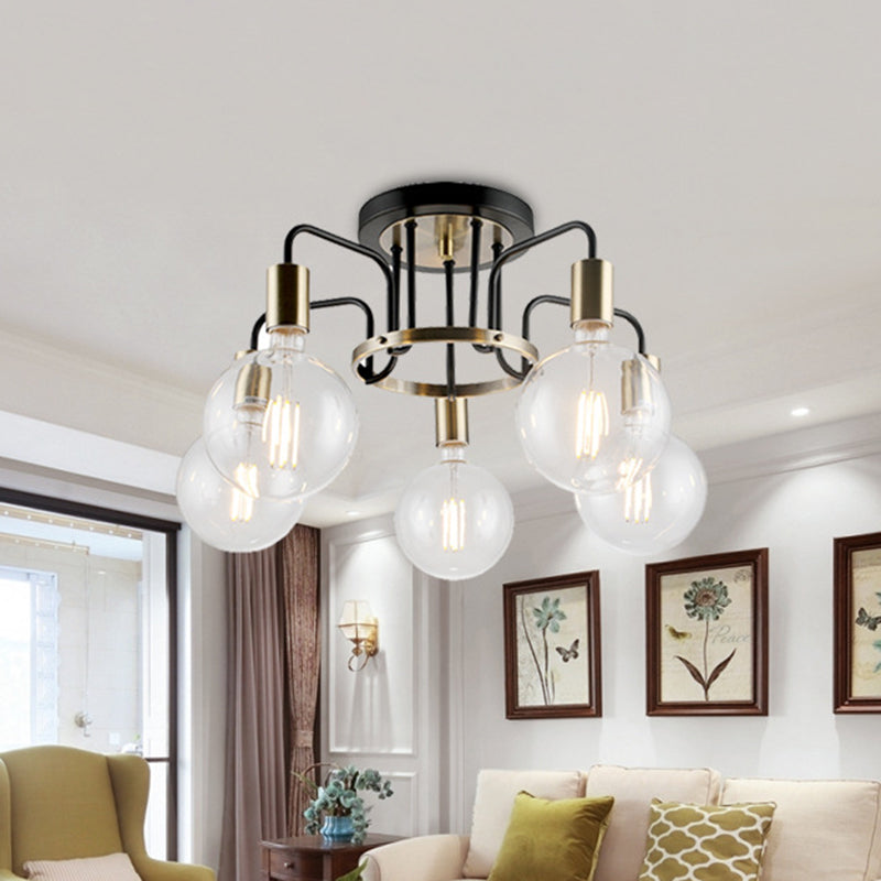 Clear Glass Black and Gold Semi Flush Lighting Vintage 3/5-Bulb Living Room Flush Ceiling Lamp Clearhalo 'Ceiling Lights' 'Close To Ceiling Lights' 'Close to ceiling' 'Glass shade' 'Glass' 'Semi-flushmount' Lighting' 816683