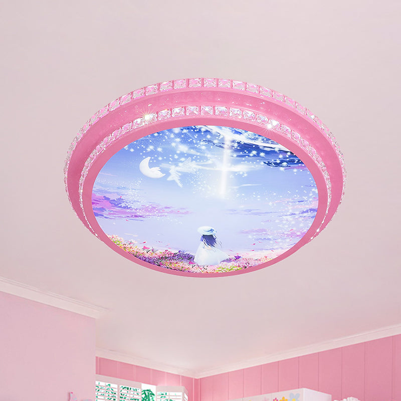 Night Sky Pattern Circular Flushmount Romantic Modern Acrylic Pink LED Ceiling Flush Light with Crystal Trim Pink Clearhalo 'Ceiling Lights' 'Close To Ceiling Lights' 'Close to ceiling' 'Flush mount' Lighting' 816687