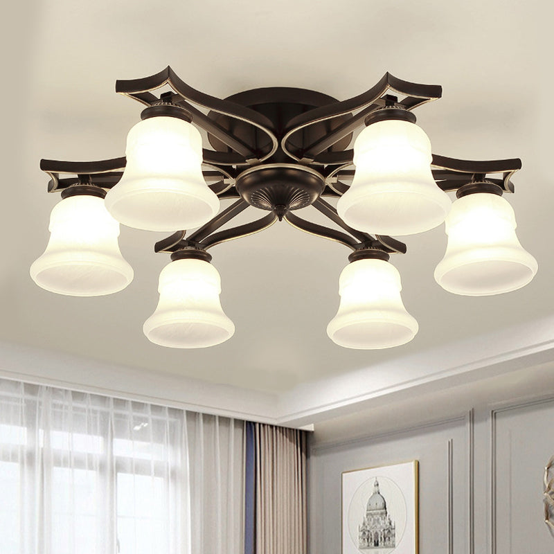 6 Bulbs Ceiling Mounted Fixture Vintage Bell Milk White Glass Flushmount Lighting in Black White Clearhalo 'Ceiling Lights' 'Close To Ceiling Lights' 'Close to ceiling' 'Flush mount' Lighting' 816691