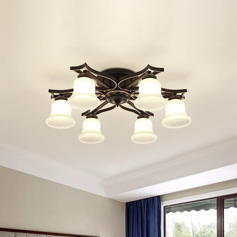 6 Bulbs Ceiling Mounted Fixture Vintage Bell Milk White Glass Flushmount Lighting in Black Clearhalo 'Ceiling Lights' 'Close To Ceiling Lights' 'Close to ceiling' 'Flush mount' Lighting' 816692