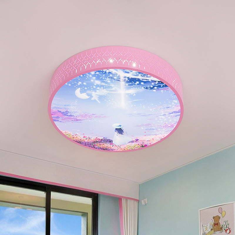 Modern LED Ceiling Fixture Pink Girl Under Starry Sky Flush-Mount Light with Acrylic Shade and Laser Cut Side Pink Clearhalo 'Ceiling Lights' 'Close To Ceiling Lights' 'Close to ceiling' 'Flush mount' Lighting' 816695