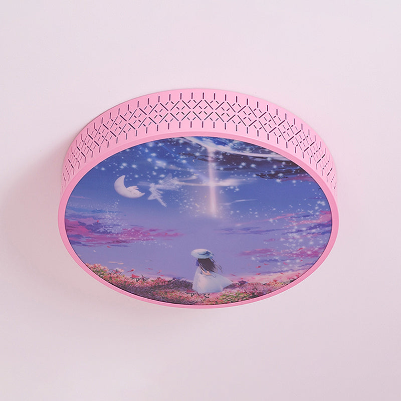 Modern LED Ceiling Fixture Pink Girl Under Starry Sky Flush-Mount Light with Acrylic Shade and Laser Cut Side Clearhalo 'Ceiling Lights' 'Close To Ceiling Lights' 'Close to ceiling' 'Flush mount' Lighting' 816697