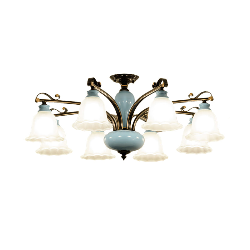 Flower White Glass Semi-Flush Ceiling Light Traditional 6/8 Heads Bedroom Flush Mounted Lamp Clearhalo 'Ceiling Lights' 'Close To Ceiling Lights' 'Close to ceiling' 'Glass shade' 'Glass' 'Semi-flushmount' Lighting' 816706