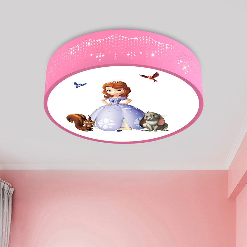 Princess Patterned Drum Ceiling Light Cartoon Acrylic Girl's Room LED Flush Mount Fixture in Pink Pink A Clearhalo 'Ceiling Lights' 'Close To Ceiling Lights' 'Close to ceiling' 'Flush mount' Lighting' 816807