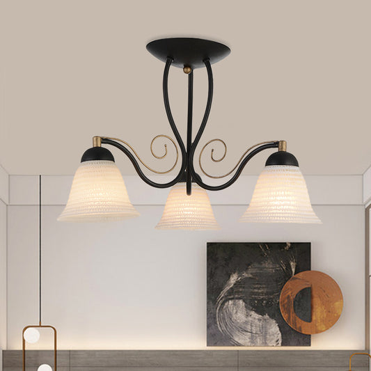 Bell Bedroom Semi Flush Mount Rustic Opal Glass 3 Heads Black Ceiling Light Fixture Black Clearhalo 'Ceiling Lights' 'Close To Ceiling Lights' 'Close to ceiling' 'Glass shade' 'Glass' 'Semi-flushmount' Lighting' 816831