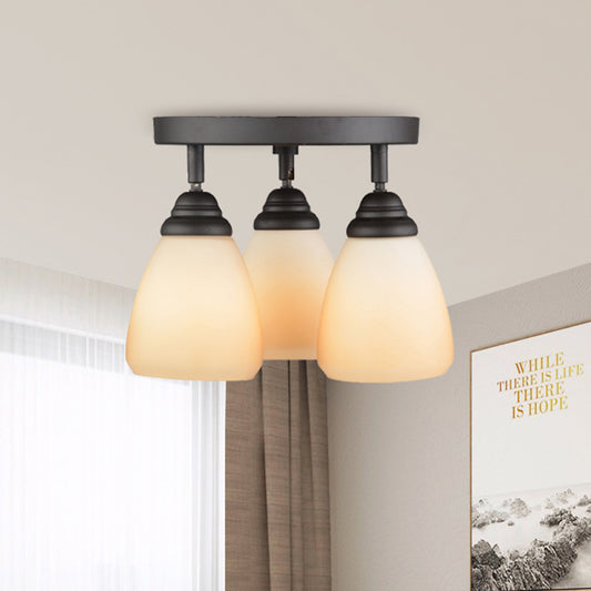 Cone White Glass Ceiling Flush Countryside 3-Light Bedroom Semi Flush Mount Light Fixture Beige Clearhalo 'Ceiling Lights' 'Close To Ceiling Lights' 'Close to ceiling' 'Glass shade' 'Glass' 'Semi-flushmount' Lighting' 816859