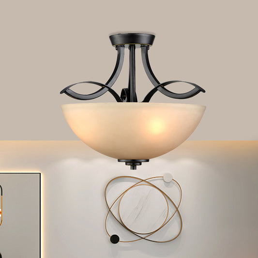 Frosted Glass Black Semi Flush Bowl 3-Bulb Rustic Ceiling Flush Mount Light for Bedroom Clearhalo 'Ceiling Lights' 'Close To Ceiling Lights' 'Close to ceiling' 'Glass shade' 'Glass' 'Semi-flushmount' Lighting' 816872