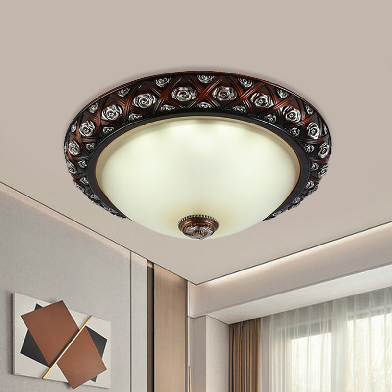 2/3-Bulb Flush Mount Lamp Rustic Bowl White Glass Flush Light Fixture with Rose Pattern Trim, 12"/15.5" W White Clearhalo 'Ceiling Lights' 'Close To Ceiling Lights' 'Close to ceiling' 'Flush mount' Lighting' 816884