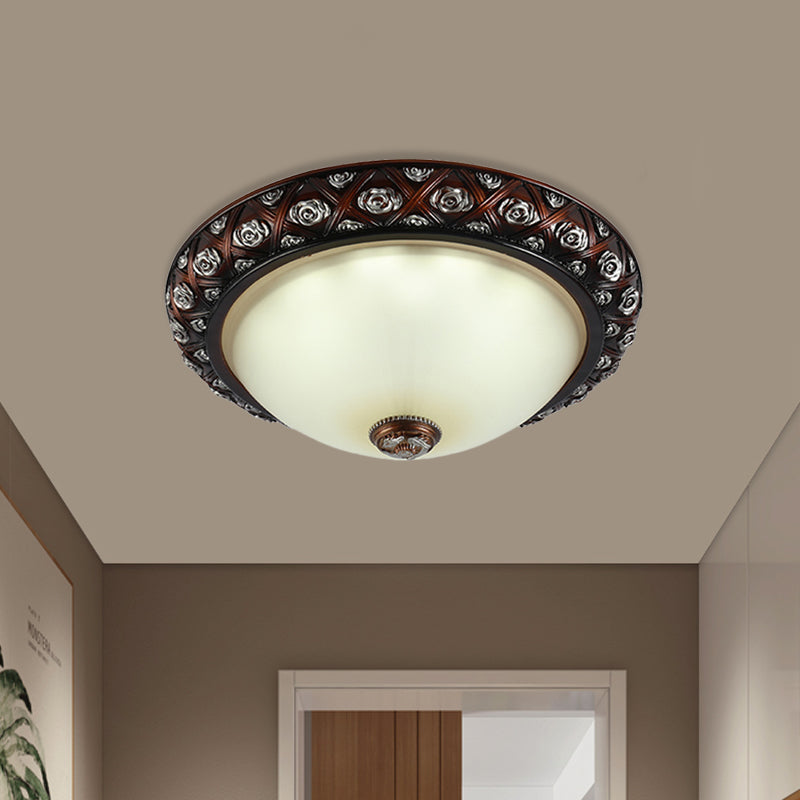 2/3-Bulb Flush Mount Lamp Rustic Bowl White Glass Flush Light Fixture with Rose Pattern Trim, 12"/15.5" W Clearhalo 'Ceiling Lights' 'Close To Ceiling Lights' 'Close to ceiling' 'Flush mount' Lighting' 816885