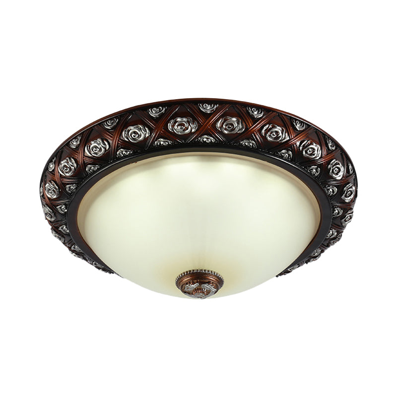 2/3-Bulb Flush Mount Lamp Rustic Bowl White Glass Flush Light Fixture with Rose Pattern Trim, 12"/15.5" W Clearhalo 'Ceiling Lights' 'Close To Ceiling Lights' 'Close to ceiling' 'Flush mount' Lighting' 816886