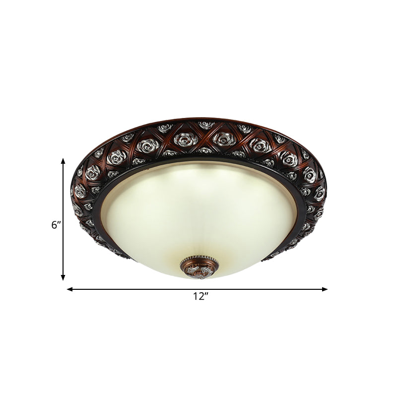 2/3-Bulb Flush Mount Lamp Rustic Bowl White Glass Flush Light Fixture with Rose Pattern Trim, 12"/15.5" W Clearhalo 'Ceiling Lights' 'Close To Ceiling Lights' 'Close to ceiling' 'Flush mount' Lighting' 816887