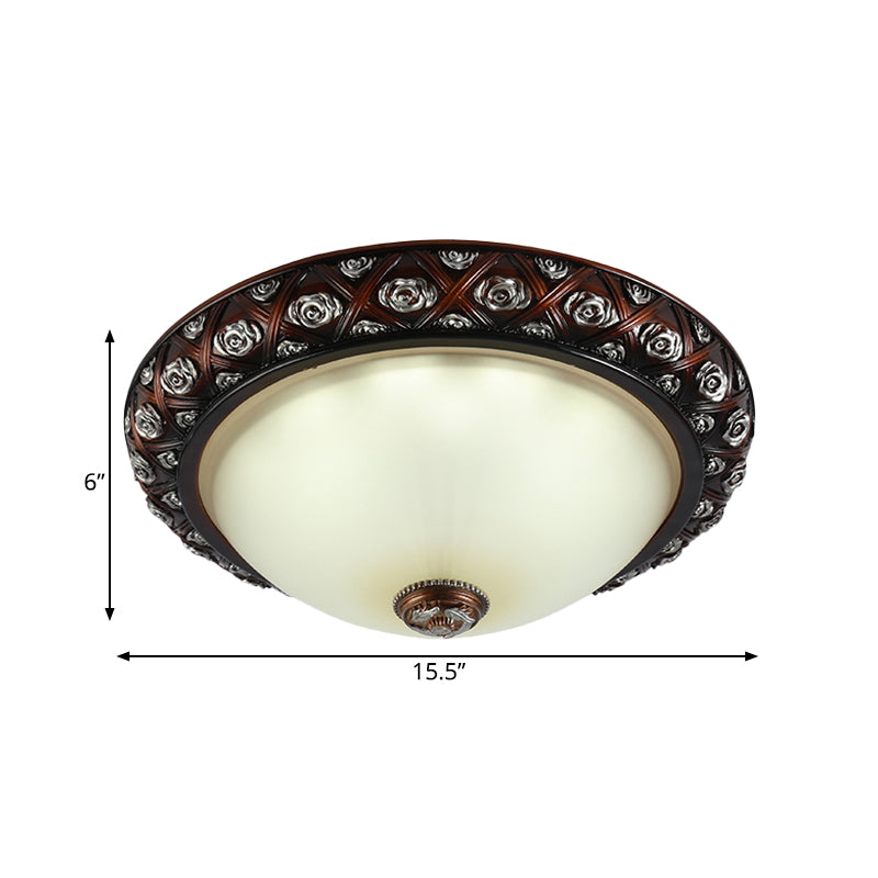 2/3-Bulb Flush Mount Lamp Rustic Bowl White Glass Flush Light Fixture with Rose Pattern Trim, 12"/15.5" W Clearhalo 'Ceiling Lights' 'Close To Ceiling Lights' 'Close to ceiling' 'Flush mount' Lighting' 816888