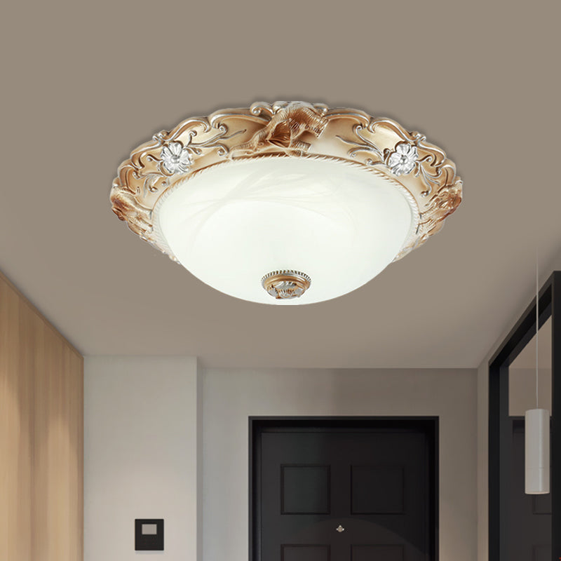 Rustic Bowl Flush Mount Light 2/3 Bulbs White Glass Flushmount Lighting with Carved Edge, 13"/17" Wide Clearhalo 'Ceiling Lights' 'Close To Ceiling Lights' 'Close to ceiling' 'Flush mount' Lighting' 816890