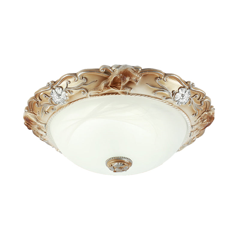 Rustic Bowl Flush Mount Light 2/3 Bulbs White Glass Flushmount Lighting with Carved Edge, 13"/17" Wide Clearhalo 'Ceiling Lights' 'Close To Ceiling Lights' 'Close to ceiling' 'Flush mount' Lighting' 816891