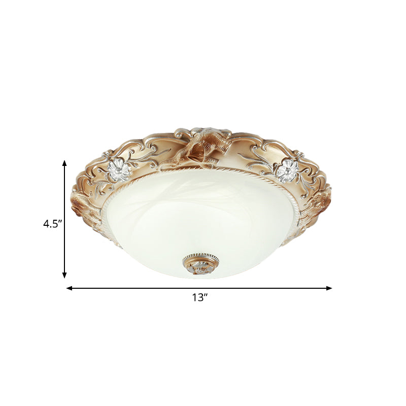 Rustic Bowl Flush Mount Light 2/3 Bulbs White Glass Flushmount Lighting with Carved Edge, 13"/17" Wide Clearhalo 'Ceiling Lights' 'Close To Ceiling Lights' 'Close to ceiling' 'Flush mount' Lighting' 816892