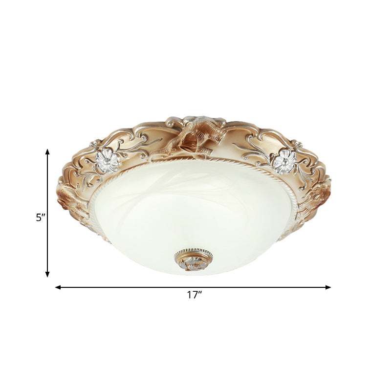 Rustic Bowl Flush Mount Light 2/3 Bulbs White Glass Flushmount Lighting with Carved Edge, 13"/17" Wide Clearhalo 'Ceiling Lights' 'Close To Ceiling Lights' 'Close to ceiling' 'Flush mount' Lighting' 816893