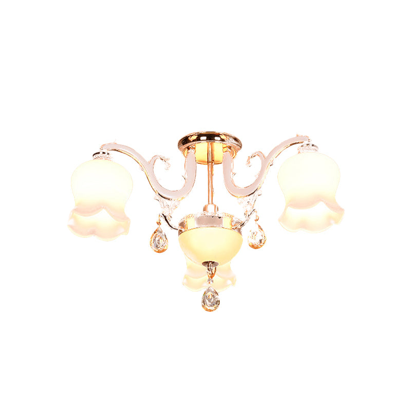 Traditional Scalloped Semi Flush 4/7 Light Opal Glass Ceiling Flush Mount Light in Gold with Crystal Drop Clearhalo 'Ceiling Lights' 'Close To Ceiling Lights' 'Close to ceiling' 'Semi-flushmount' Lighting' 817005