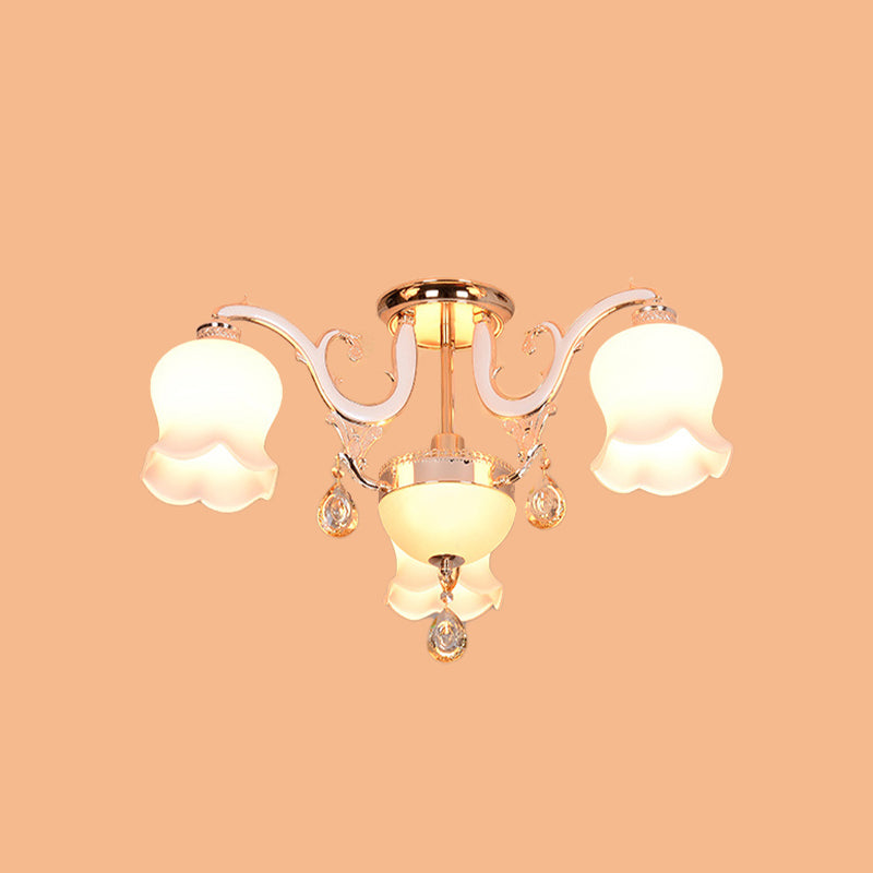 Traditional Scalloped Semi Flush 4/7 Light Opal Glass Ceiling Flush Mount Light in Gold with Crystal Drop Clearhalo 'Ceiling Lights' 'Close To Ceiling Lights' 'Close to ceiling' 'Semi-flushmount' Lighting' 817006