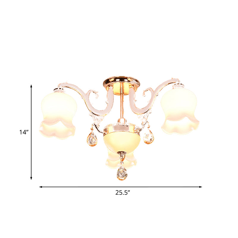 Traditional Scalloped Semi Flush 4/7 Light Opal Glass Ceiling Flush Mount Light in Gold with Crystal Drop Clearhalo 'Ceiling Lights' 'Close To Ceiling Lights' 'Close to ceiling' 'Semi-flushmount' Lighting' 817007