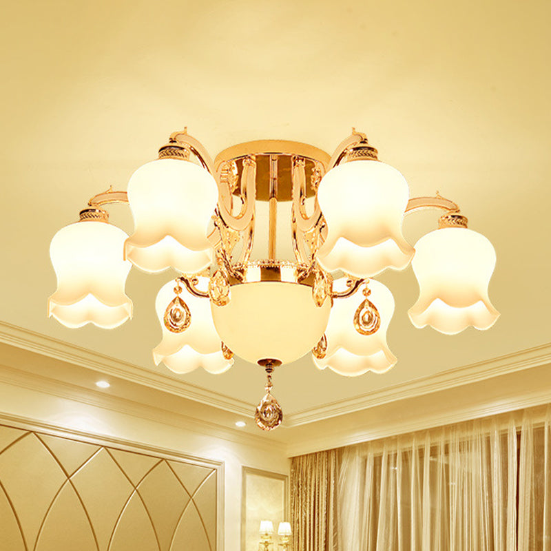 Traditional Scalloped Semi Flush 4/7 Light Opal Glass Ceiling Flush Mount Light in Gold with Crystal Drop Clearhalo 'Ceiling Lights' 'Close To Ceiling Lights' 'Close to ceiling' 'Semi-flushmount' Lighting' 817009