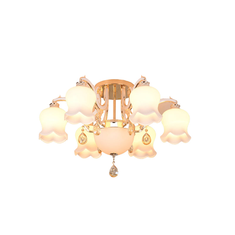 Traditional Scalloped Semi Flush 4/7 Light Opal Glass Ceiling Flush Mount Light in Gold with Crystal Drop Clearhalo 'Ceiling Lights' 'Close To Ceiling Lights' 'Close to ceiling' 'Semi-flushmount' Lighting' 817010