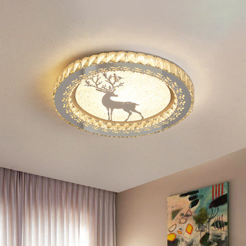 Simplicity Etched Deer/Flower Flushmount Light LED Rectangular-Cut Crystal Ceiling Mount in Nickel with Circular Design Nickel Deer Clearhalo 'Ceiling Lights' 'Close To Ceiling Lights' 'Close to ceiling' 'Flush mount' Lighting' 817026