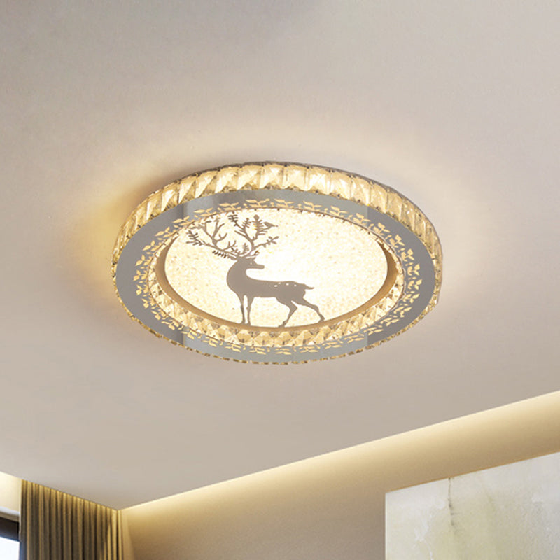 Simplicity Etched Deer/Flower Flushmount Light LED Rectangular-Cut Crystal Ceiling Mount in Nickel with Circular Design Clearhalo 'Ceiling Lights' 'Close To Ceiling Lights' 'Close to ceiling' 'Flush mount' Lighting' 817027