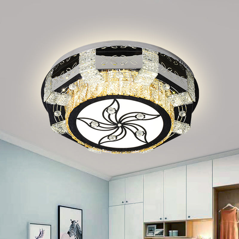 LED Flush Mount Lamp Modernism Drum Shade Crystal Block Ceiling Light Fixture in Nickel with Flower/Four-leaf Pattern Nickel Flower Clearhalo 'Ceiling Lights' 'Close To Ceiling Lights' 'Close to ceiling' 'Flush mount' Lighting' 817112