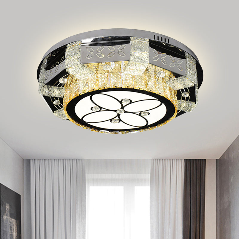 LED Flush Mount Lamp Modernism Drum Shade Crystal Block Ceiling Light Fixture in Nickel with Flower/Four-leaf Pattern Nickel Four-leaf Clover Clearhalo 'Ceiling Lights' 'Close To Ceiling Lights' 'Close to ceiling' 'Flush mount' Lighting' 817116