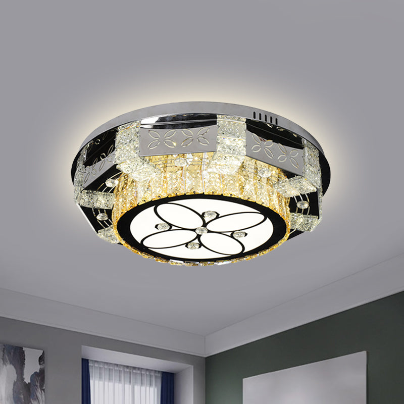 LED Flush Mount Lamp Modernism Drum Shade Crystal Block Ceiling Light Fixture in Nickel with Flower/Four-leaf Pattern Clearhalo 'Ceiling Lights' 'Close To Ceiling Lights' 'Close to ceiling' 'Flush mount' Lighting' 817117