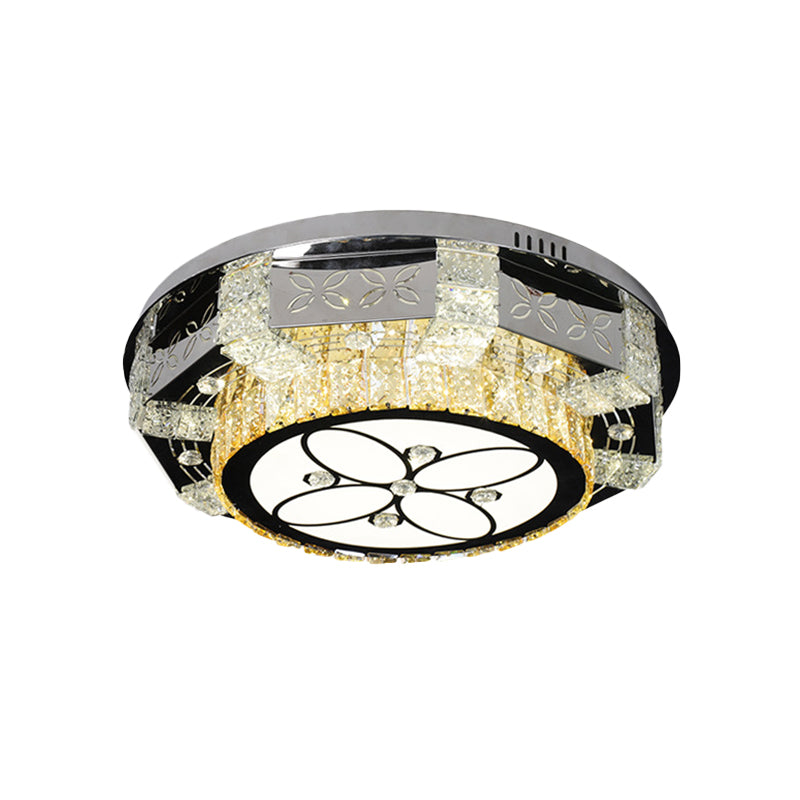 LED Flush Mount Lamp Modernism Drum Shade Crystal Block Ceiling Light Fixture in Nickel with Flower/Four-leaf Pattern Clearhalo 'Ceiling Lights' 'Close To Ceiling Lights' 'Close to ceiling' 'Flush mount' Lighting' 817118