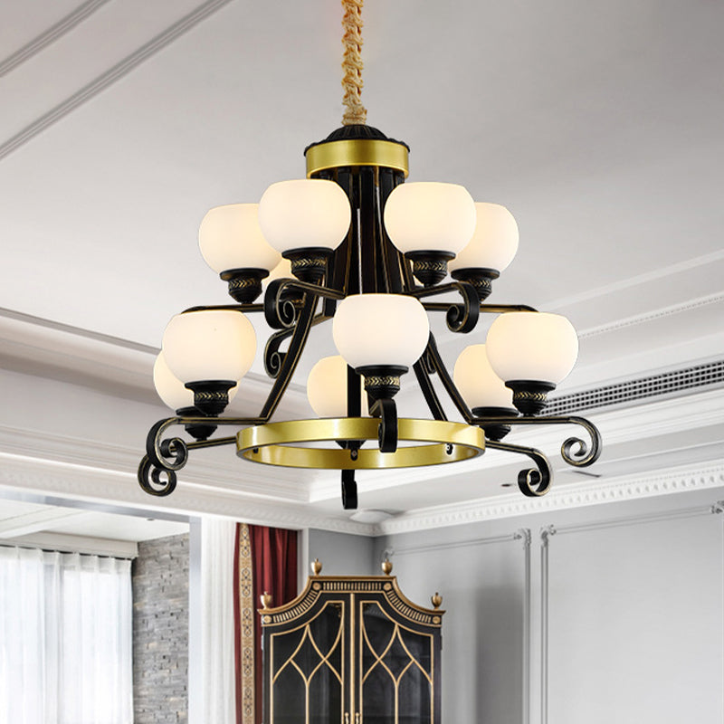 12 Bulbs 2-Tier Pendulum Lighting Classic Black Frosted Glass Ceiling Chandelier for Living Room Black Clearhalo 'Ceiling Lights' 'Chandeliers' Lighting' options 817183_b03dd7dd-008f-4376-bbe2-250fcac4447f