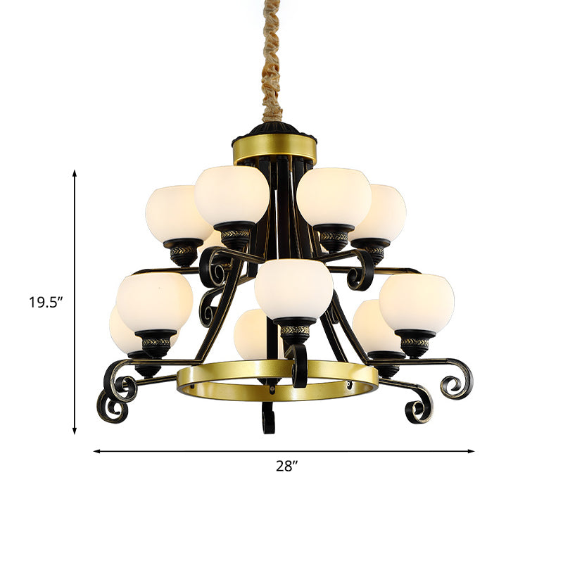 12 Bulbs 2-Tier Pendulum Lighting Classic Black Frosted Glass Ceiling Chandelier for Living Room Clearhalo 'Ceiling Lights' 'Chandeliers' Lighting' options 817186