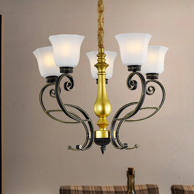 Classic Bell Ceiling Chandelier 5-Bulb Opal Glass Pendant in Black and Gold with Scrolling Arm Clearhalo 'Ceiling Lights' 'Chandeliers' Lighting' options 817187