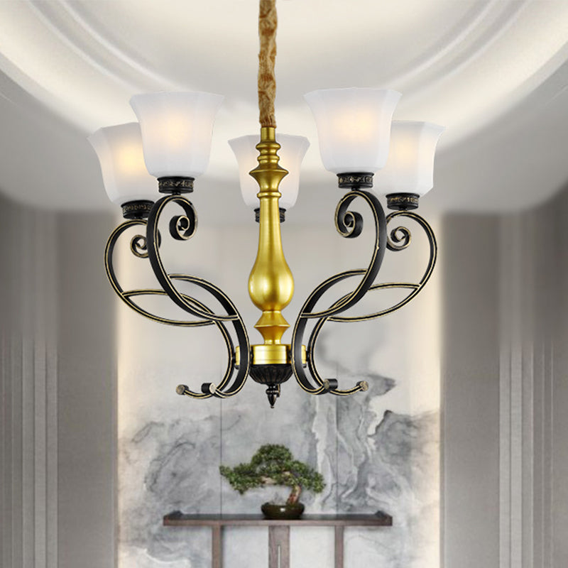 Classic Bell Ceiling Chandelier 5-Bulb Opal Glass Pendant in Black and Gold with Scrolling Arm Clearhalo 'Ceiling Lights' 'Chandeliers' Lighting' options 817188