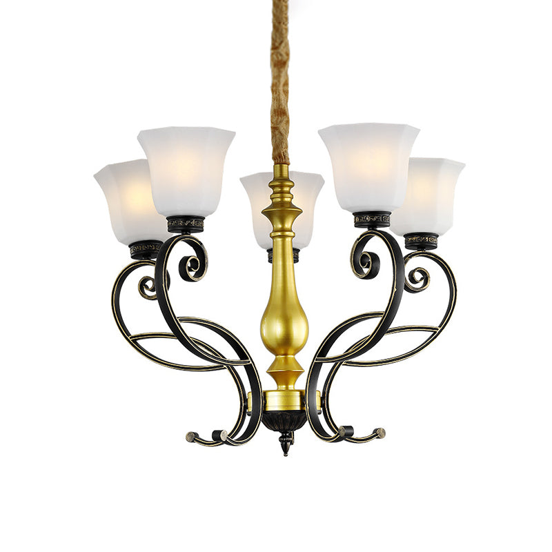 Classic Bell Ceiling Chandelier 5-Bulb Opal Glass Pendant in Black and Gold with Scrolling Arm Clearhalo 'Ceiling Lights' 'Chandeliers' Lighting' options 817189