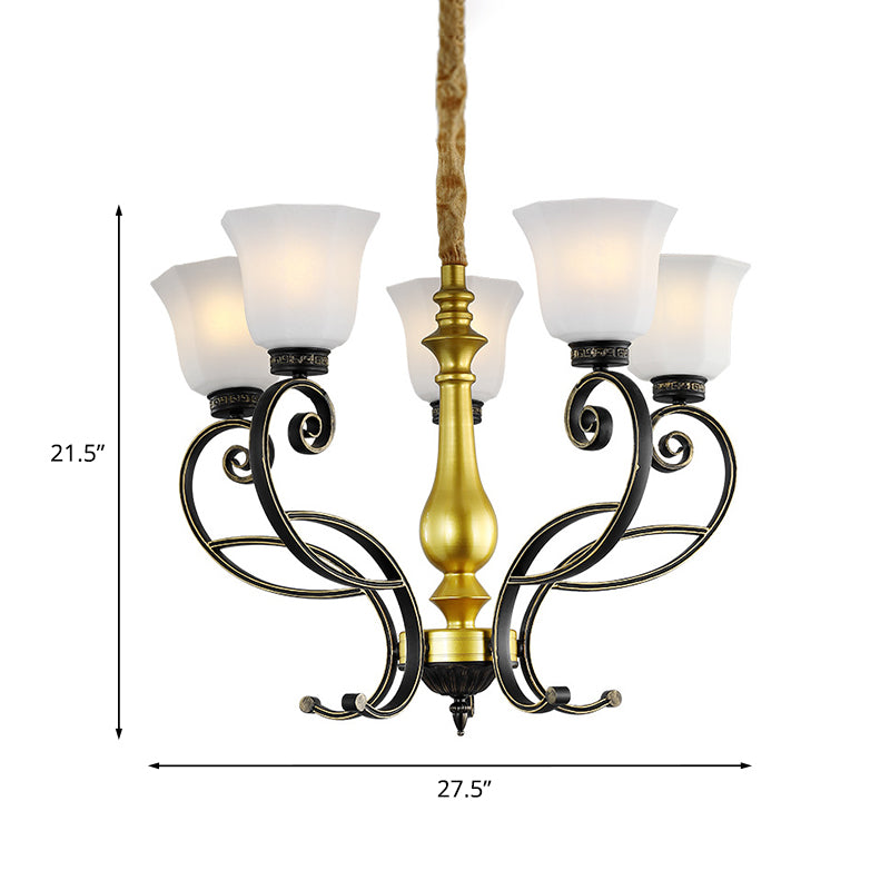 Classic Bell Ceiling Chandelier 5-Bulb Opal Glass Pendant in Black and Gold with Scrolling Arm Clearhalo 'Ceiling Lights' 'Chandeliers' Lighting' options 817190