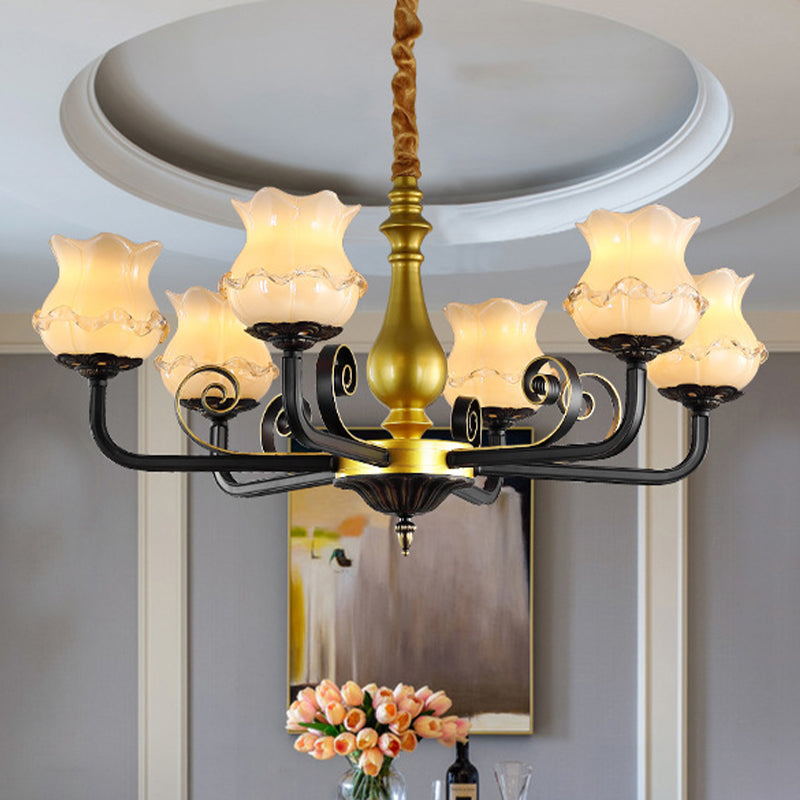 Antique Blossom Chandelier Lighting 6-Head Frosted Glass Ceiling Pendant Light in Black Black Clearhalo 'Ceiling Lights' 'Chandeliers' Lighting' options 817191_50d53d7f-7352-4796-bf52-f7826a679744