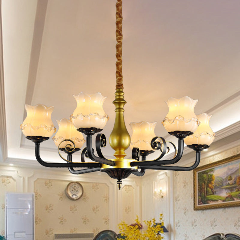 Antique Blossom Chandelier Lighting 6-Head Frosted Glass Ceiling Pendant Light in Black Clearhalo 'Ceiling Lights' 'Chandeliers' Lighting' options 817192