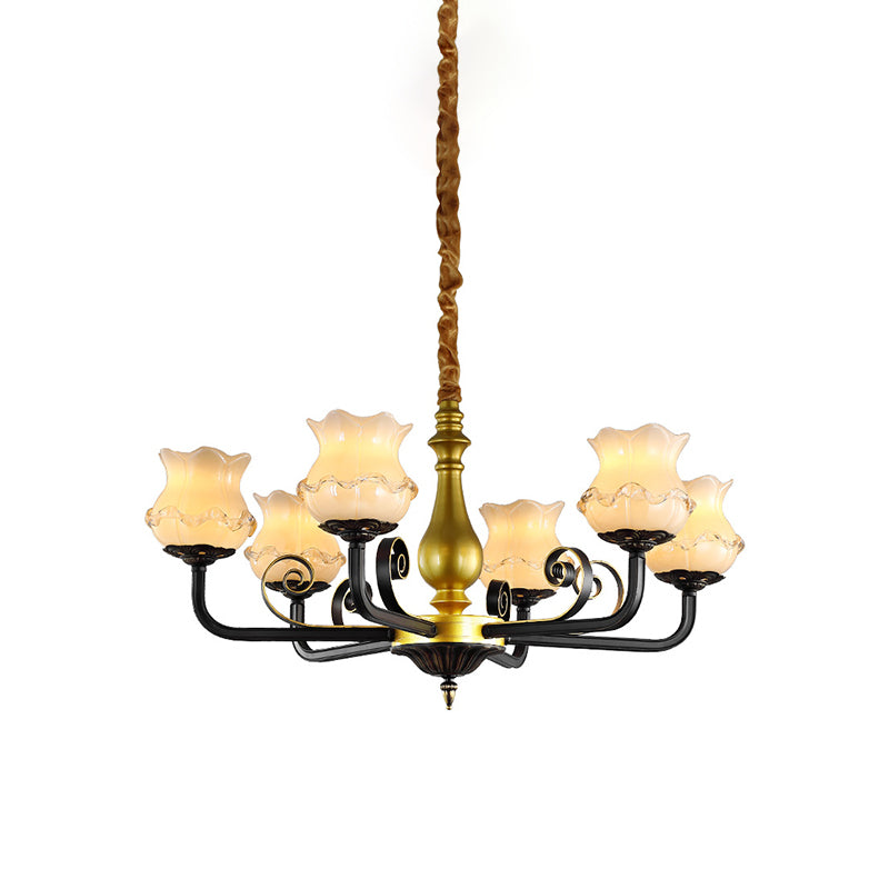 Antique Blossom Chandelier Lighting 6-Head Frosted Glass Ceiling Pendant Light in Black Clearhalo 'Ceiling Lights' 'Chandeliers' Lighting' options 817193