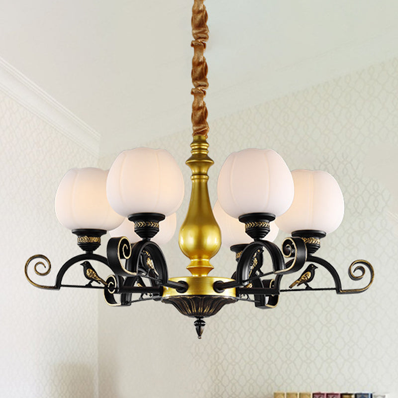 Bloom Study Pendant Chandelier Retro Opal Glass 6-Light Black and Gold Ceiling Light with Bird Decor Clearhalo 'Ceiling Lights' 'Chandeliers' Lighting' options 817195