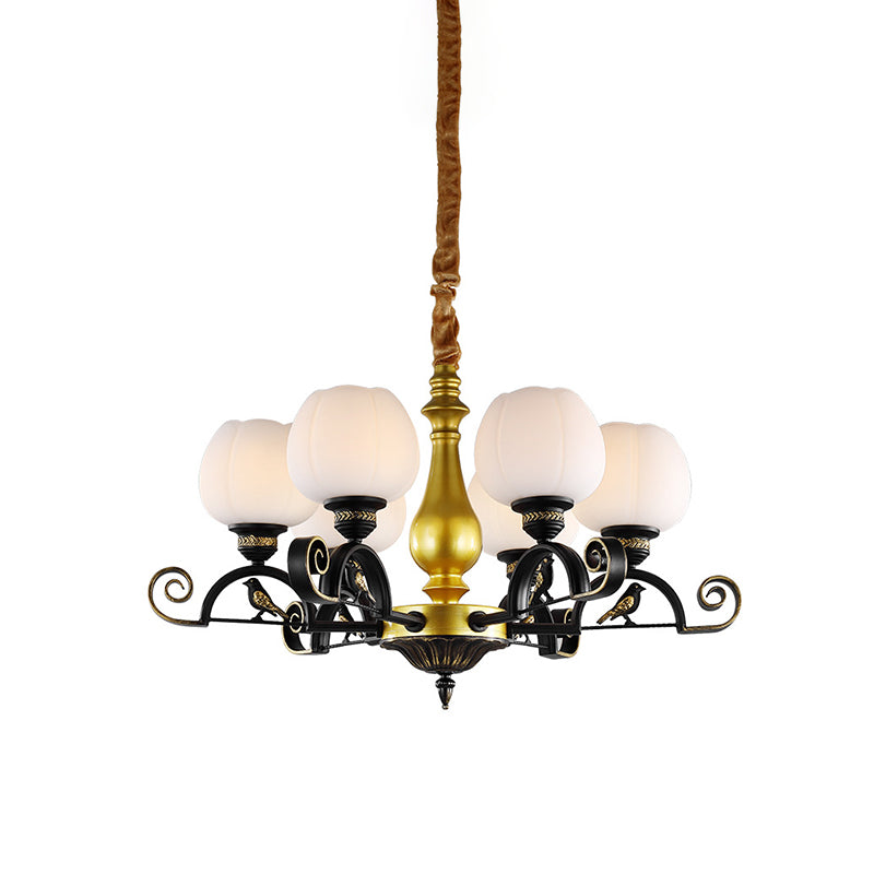 Bloom Study Pendant Chandelier Retro Opal Glass 6-Light Black and Gold Ceiling Light with Bird Decor Clearhalo 'Ceiling Lights' 'Chandeliers' Lighting' options 817197