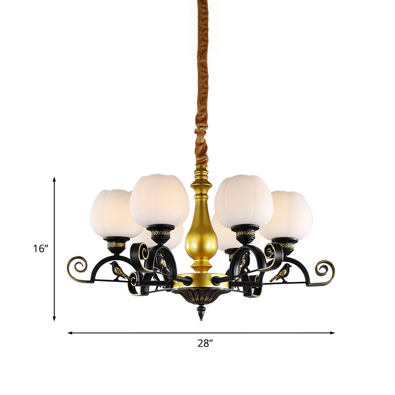 Bloom Study Pendant Chandelier Retro Opal Glass 6-Light Black and Gold Ceiling Light with Bird Decor Clearhalo 'Ceiling Lights' 'Chandeliers' Lighting' options 817198