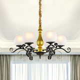 6 Lights Hanging Lighting Antique Scrolled Arm White Glass Chandelier Lamp Fixture in Black and Gold Clearhalo 'Ceiling Lights' 'Chandeliers' Lighting' options 817199