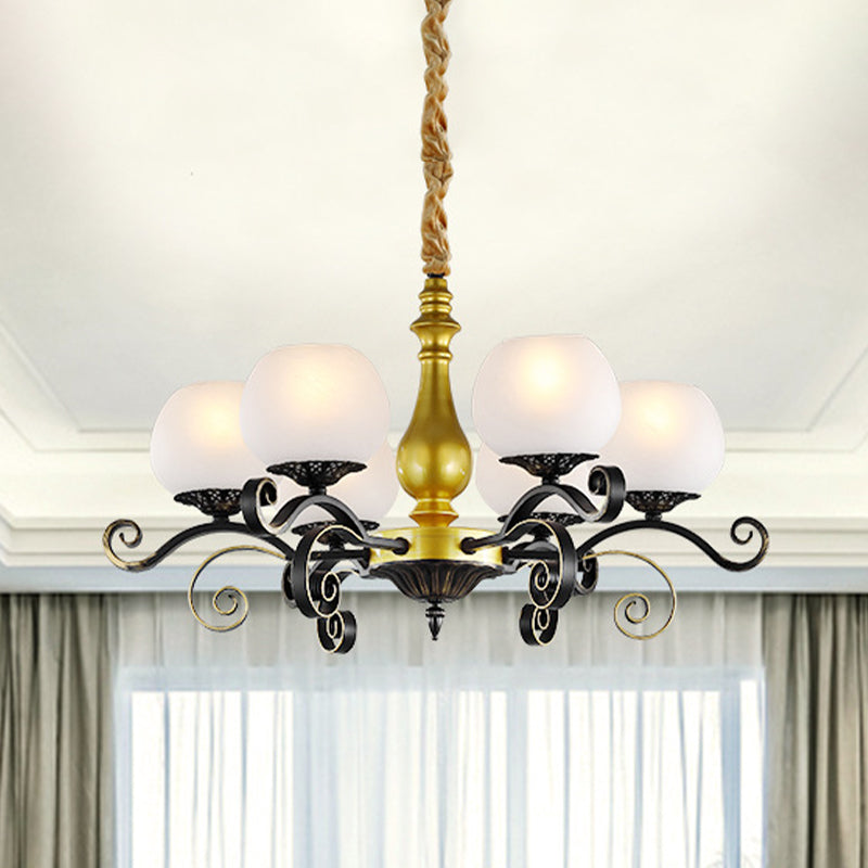 6 Lights Hanging Lighting Antique Scrolled Arm White Glass Chandelier Lamp Fixture in Black and Gold Black-Gold Clearhalo 'Ceiling Lights' 'Chandeliers' Lighting' options 817199_d109e359-a160-4c60-8f77-9ceb24ad714c